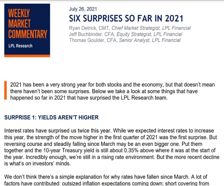 Six Surprises So Far In 2021 | Weekly Market Commentary | July 26, 2021